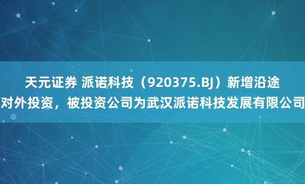 天元证券 派诺科技（920375.BJ）新增沿途对外投资，被投资公司为武汉派诺科技发展有限公司