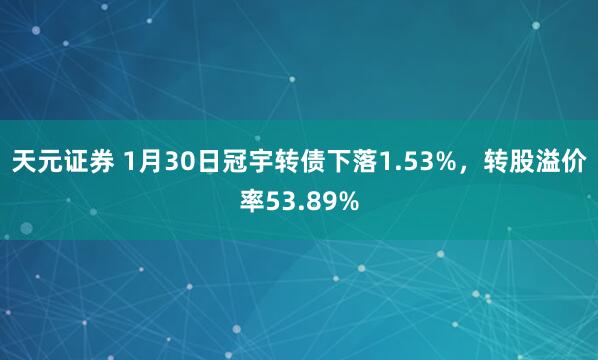 天元证券 1月30日冠宇转债下落1.53%，转股溢价率53.89%